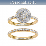 Golden Custom Engraved Diamond Bridal Ring Set