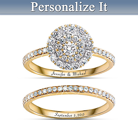 Golden Custom Engraved Diamond Bridal Ring Set Golden Custom Engraved Diamond Bridal Ring Set