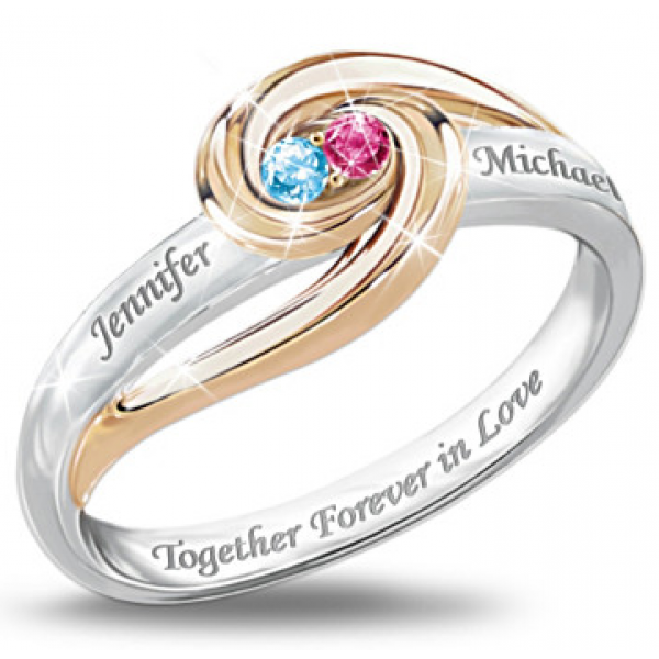 Personalized 2-Tone Ring With 2 Birthstones, Engraved Names